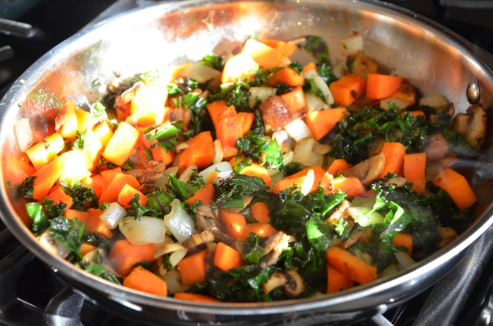Saute diced sweet potato and onion, sliced mushrooms, and chopped kale in olive oil.