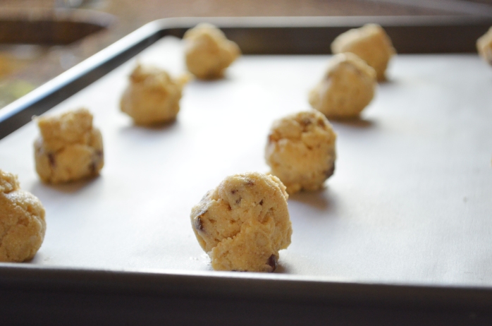 Line a baking sheet with parchment and roll dough lightly into 12 small balls.